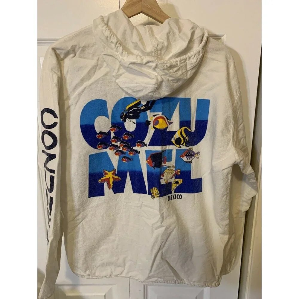 La Iguana Hoodie Full Zip Jacket Vtg‎ 90 Cozumel Mexico Sz L White Rare
